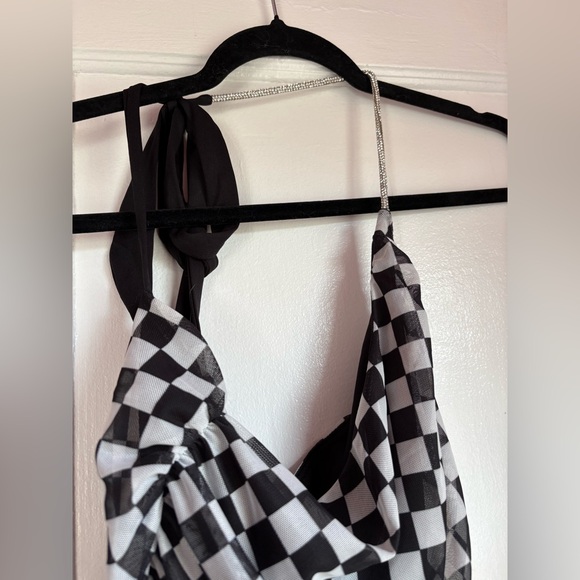 Lucy in the Sky Black & White Checkered Ruched Halter Mini Dress S - Picture 2 of 4